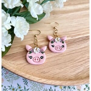 Flower Crown Pig Earrings: Handmade Polymer Clay Cottagecore Jewelry